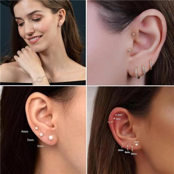 12 Pairs Gold & Silver Hoop, CZ, and Pearl Stud Earring Set Minimalist Style - Picture 4 of 6